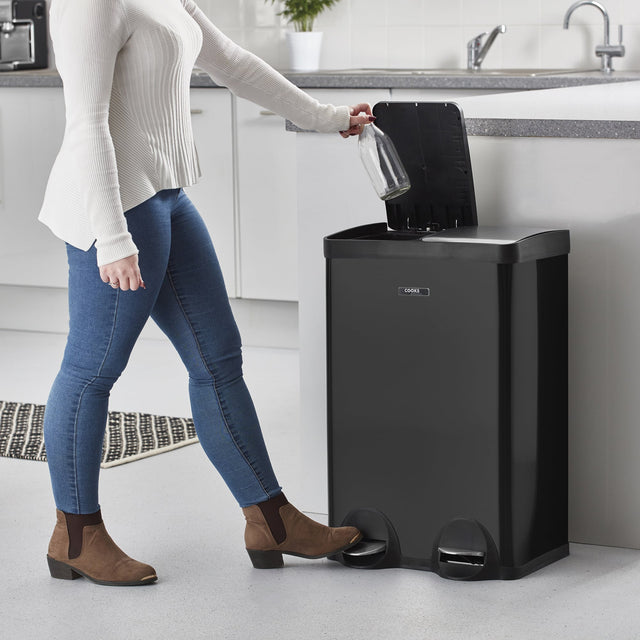 Cooks Professional Dual Recycle Kitchen Pedal Bin 60L | Dual Pedal | 2 x 30L Removable Compartments | Black