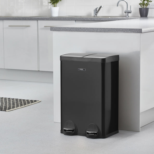 Cooks Professional Dual Recycle Kitchen Pedal Bin 60L | Dual Pedal | 2 x 30L Removable Compartments | Black