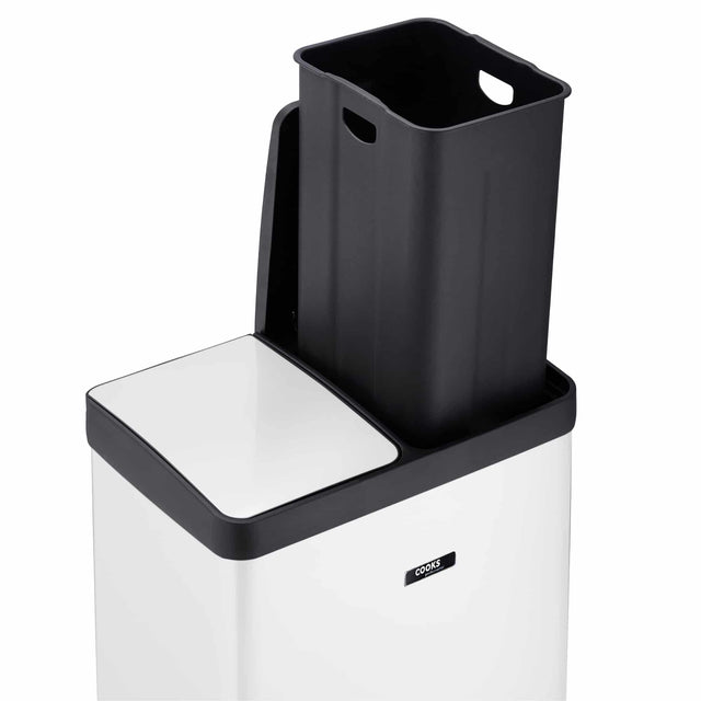 Cooks Professional Dual Recycle Kitchen Pedal Bin 60L | Dual Pedal | 2 x 30L Removable Compartments | White