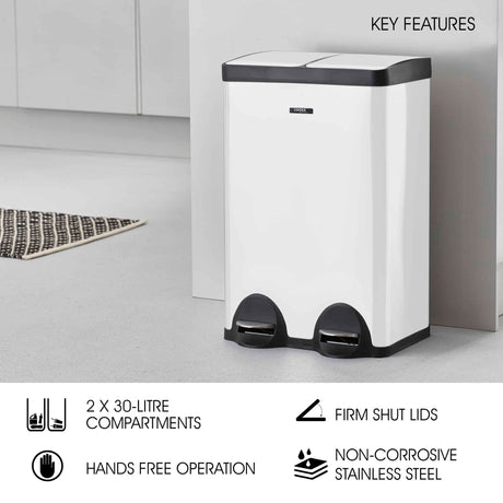 Cooks Professional Dual Recycle Kitchen Pedal Bin 60L | Dual Pedal | 2 x 30L Removable Compartments | White