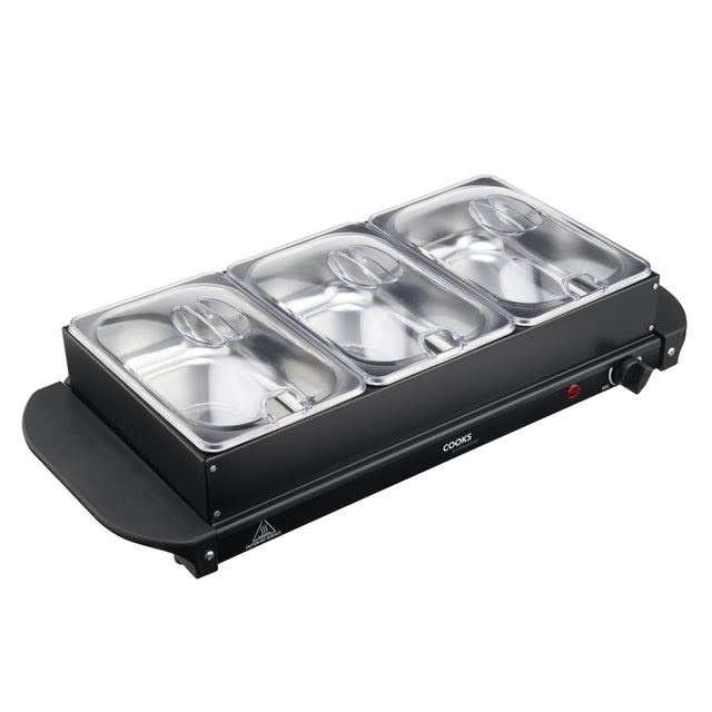 Cooks Professional Buffet Warmer | 3-Sections | 4.5L Capacity | Hot Plate Function | Temperature Control | Black