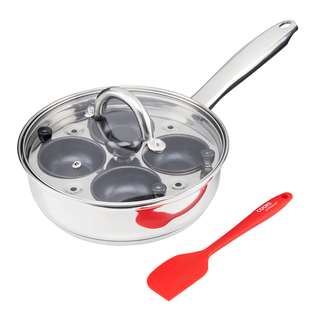 Cooks Professional Stainless Steel Egg Poacher Pan and Silicon Spatula I 4 Nonstick Egg Poacher Cups I Glass Lid