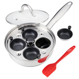 Cooks Professional Stainless Steel Egg Poacher Pan and Silicon Spatula I 4 Nonstick Egg Poacher Cups I Glass Lid