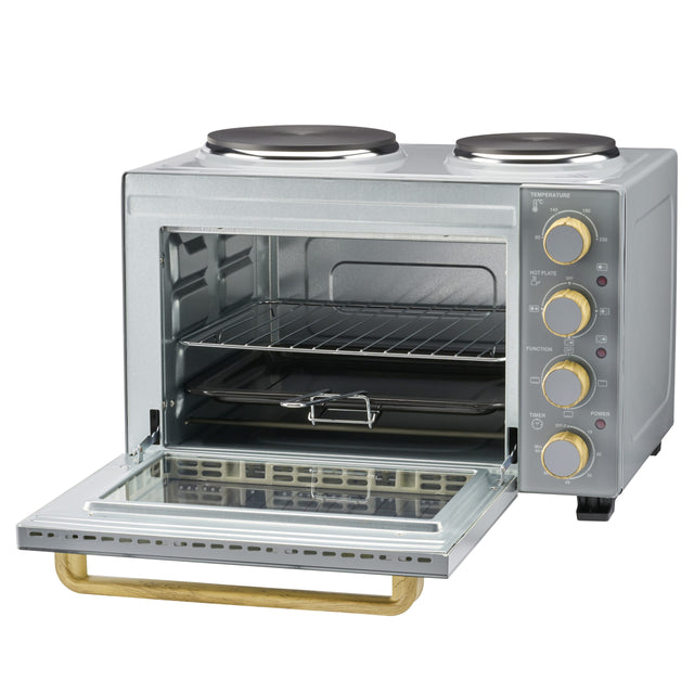 Cooks Professional Mini Oven | 28 Litre with 2 Hobs | Powerful 3200W | Grey Nordic