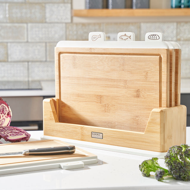 Cooks Professional Index Chopping Board Set | 4-Piece Bamboo | Durable and Easy Clean | White Tabs