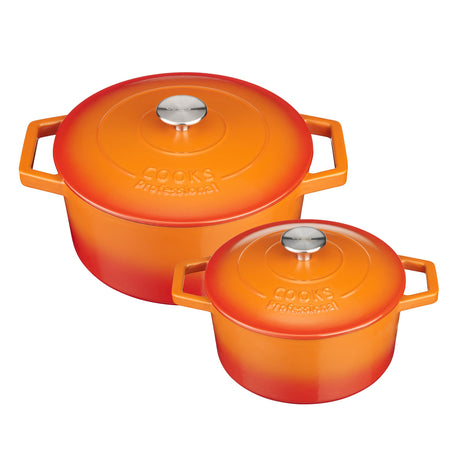 Cooks Professional Cast Iron Casserole Set of 2 | 20cm and 26cm | Enamelled Inside and Out | Graduated Orange