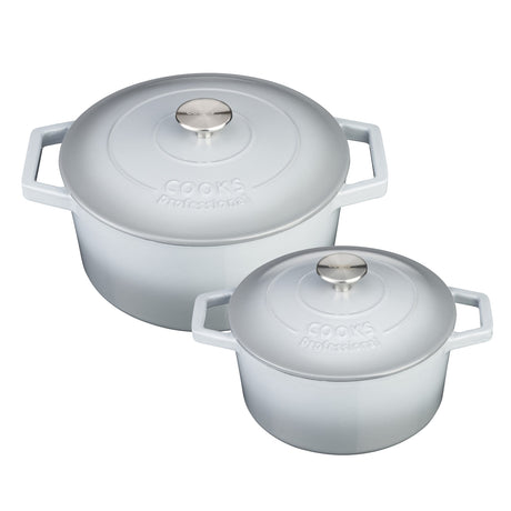 Cooks Professional Cast Iron Casserole Set of 2 | 20cm and 26cm | Enamelled Inside and Out | Graduated Grey