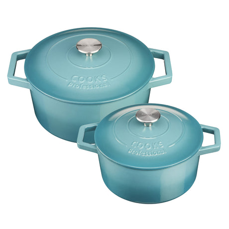 Cooks Professional Set of 2 Cast Iron Casserole | 20cm and 26cm | Graduated Teal