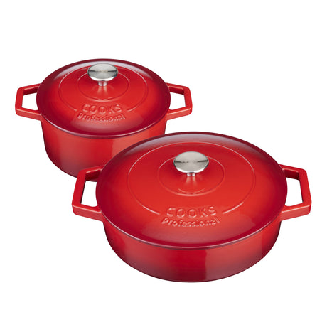 Cooks Professional Cast Iron Casserole Set of 2 | 20cm and 28cm | Enamelled Inside and Out | Graduated Red