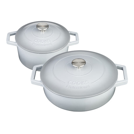 Cooks Professional Cast Iron Casserole Set of 2 | 20cm and 28cm | Enamelled Inside and Out | Graduated Grey