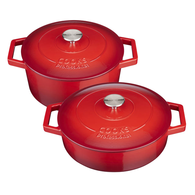 Cooks Professional Cast Iron Casserole Set of 2 | 26cm and 28cm | Enamelled Inside and Out | Graduated Red