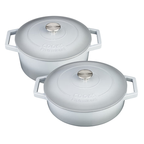 Cooks Professional Set of 2 Cast Iron Casserole | 26cm and 28cm | Graduated Grey