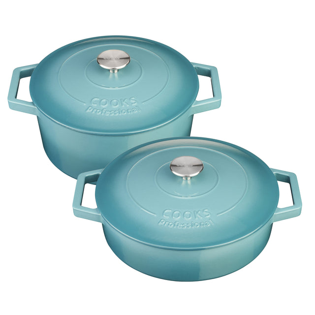 Cooks Professional Cast Iron Casserole Set of 2 | 26cm and 28cm | Enamelled Inside and Out | Graduated Teal