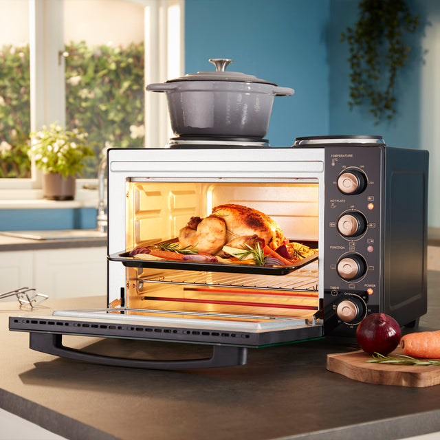 Cooks Professional Mini Oven with 2 Hobs | 34 Litre | Powerful 1500W | Black and Copper