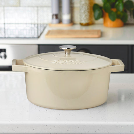Cooks Professional Cast Iron Casserole Set of 3 | 20cm, 26cm and 28cm | Enamelled Inside and Out | Off White