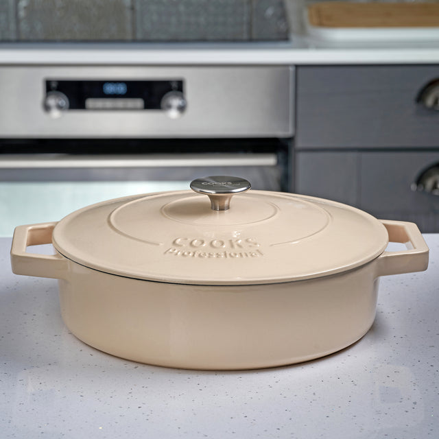 Cooks Professional Cast Iron Casserole Set of 3 | 20cm, 26cm and 28cm | Enamelled Inside and Out | Off White