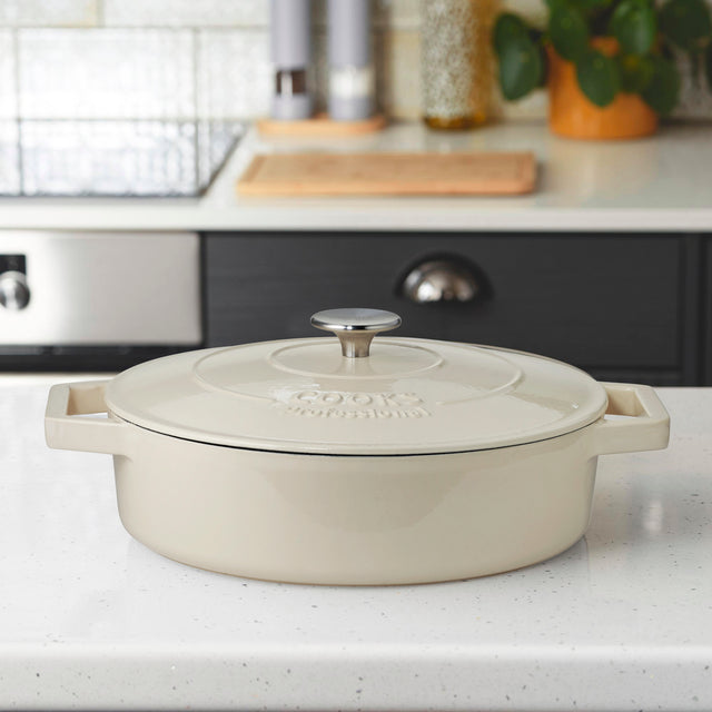 Cooks Professional Cast Iron Casserole Set of 3 | 20cm, 26cm and 28cm | Enamelled Inside and Out | Off White
