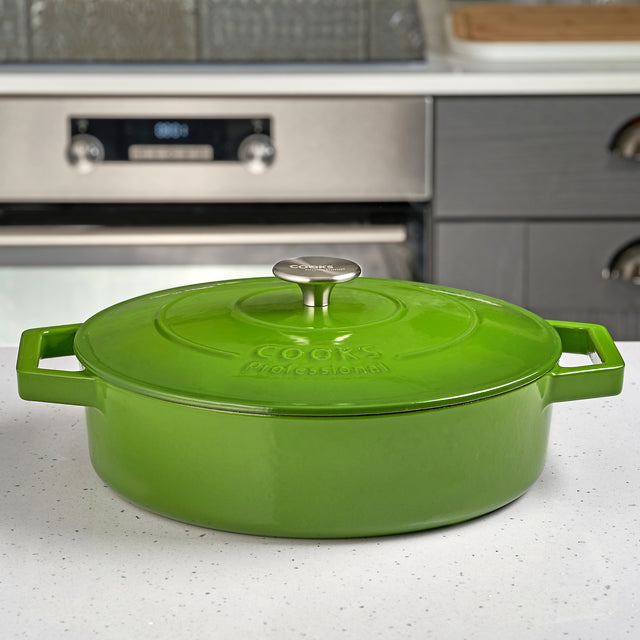 Cooks Professional Cast Iron Casserole Set of 3 | 20cm, 26cm and 28cm | Enamelled Inside and Out | Graduated Green