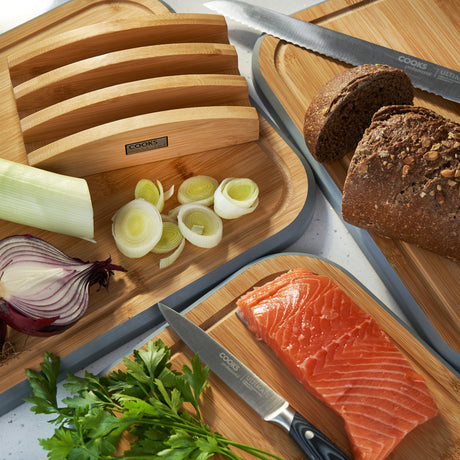 Cooks Professional 3 Piece Bamboo Chopping Board Set | With Bamboo Stand | Grey Edging