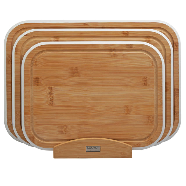 Cooks Professional 3 Piece Bamboo Chopping Board Set | With Bamboo Stand | White Edging