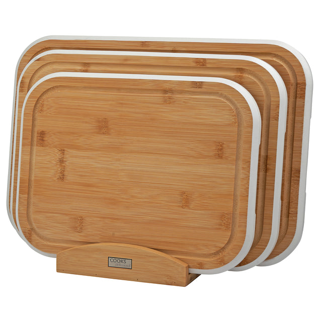 Cooks Professional 3 Piece Bamboo Chopping Board Set | With Bamboo Stand | White Edging