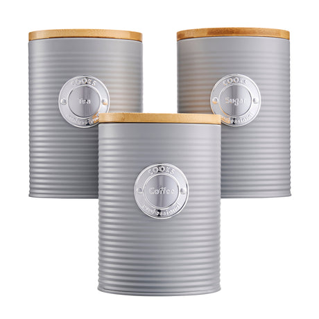 Cooks Professional 3 Piece Kitchen Storage Set with Bamboo Lids | Grey / Silver