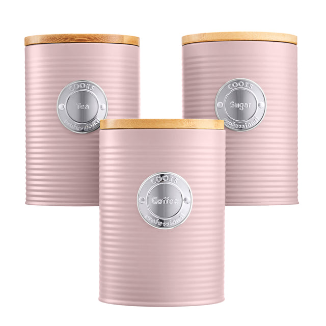 Cooks Professional 3 Piece Kitchen Storage Set with Bamboo Lids | Pink / Silver