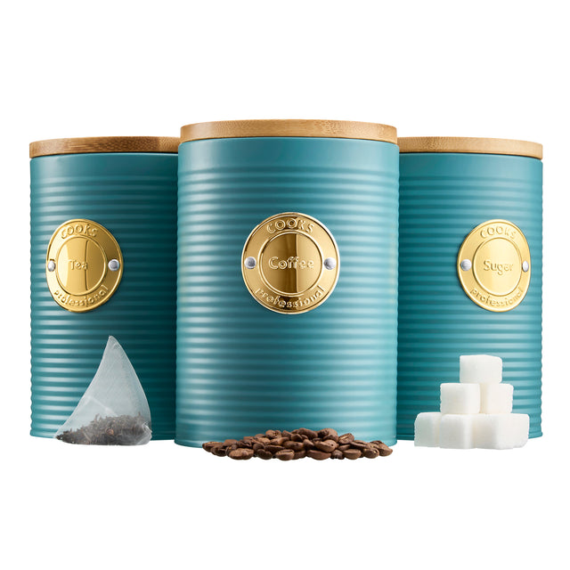Cooks Professional 3 Piece Kitchen Storage Set with Bamboo Lids | Teal / Gold