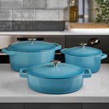 Cooks Professional Cast Iron Casserole Set of 3 | 20cm, 26cm and 28cm | Enamelled Inside and Out | Graduated Blue