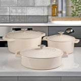 Cooks Professional Cast Iron Casserole Set of 3 | 20cm, 26cm and 28cm | Enamelled Inside and Out | Off White
