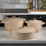 Cooks Professional Cast Iron Casserole Set of 3 | 20cm, 26cm and 28cm | Enamelled Inside and Out | Off White