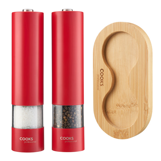 Cooks Professional Electric Salt and Pepper Mill Set with Bamboo Base | Adjustable Grind Settings | Simple One-Button Operation | Red / Bamboo