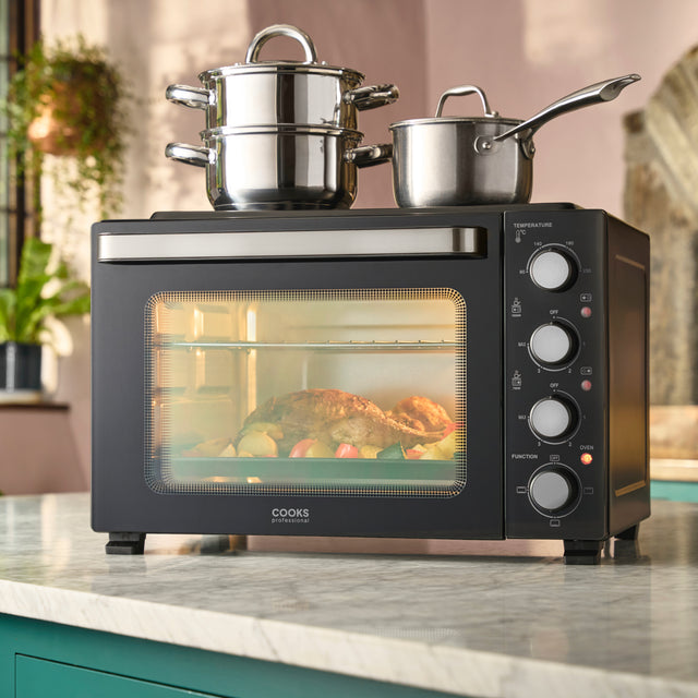 Cooks Professional 34L Mini Oven with 2 Ceramic Hobs | Black / Silver