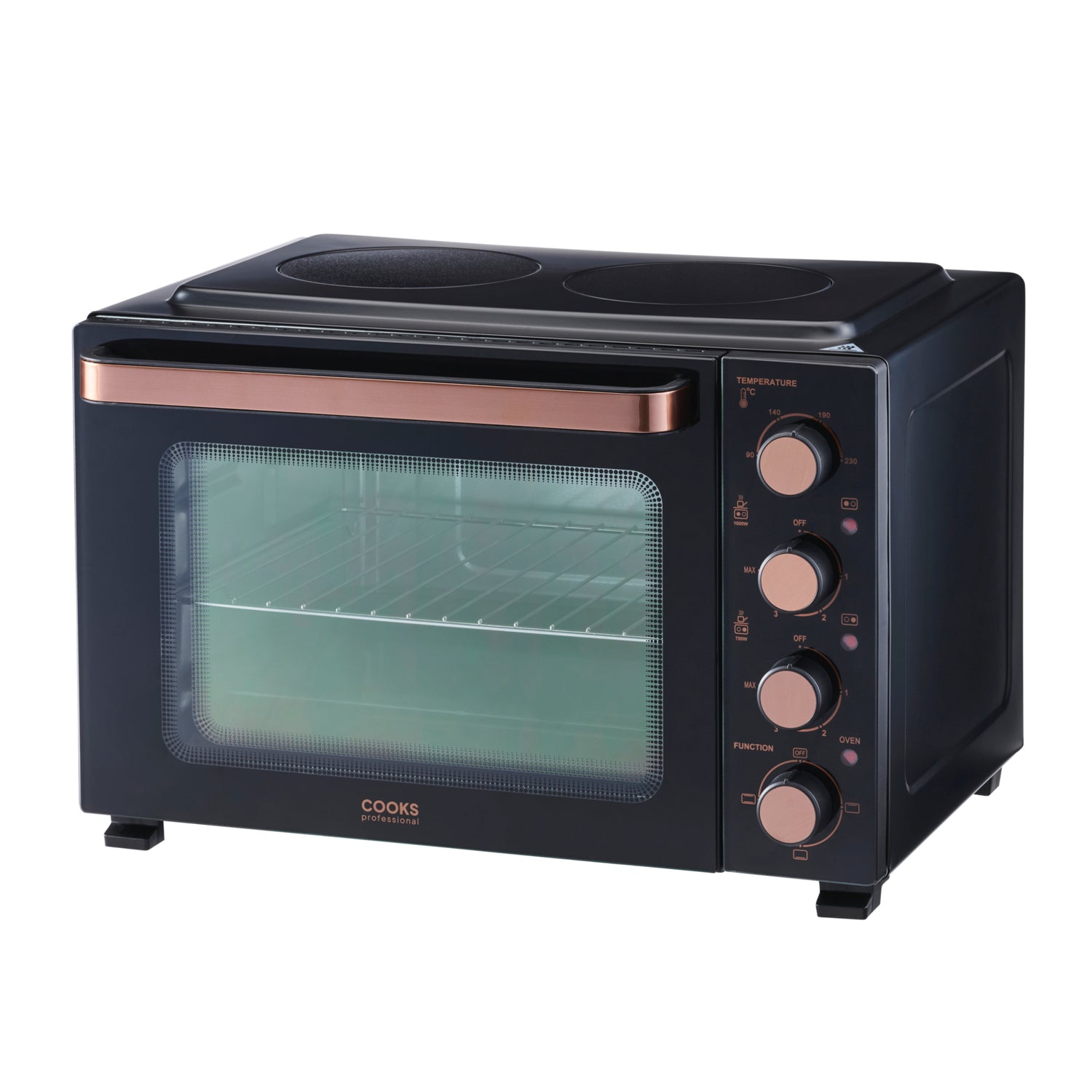 Cooks Professional 34L Mini Oven with 2 Ceramic Hobs | Black / Copper