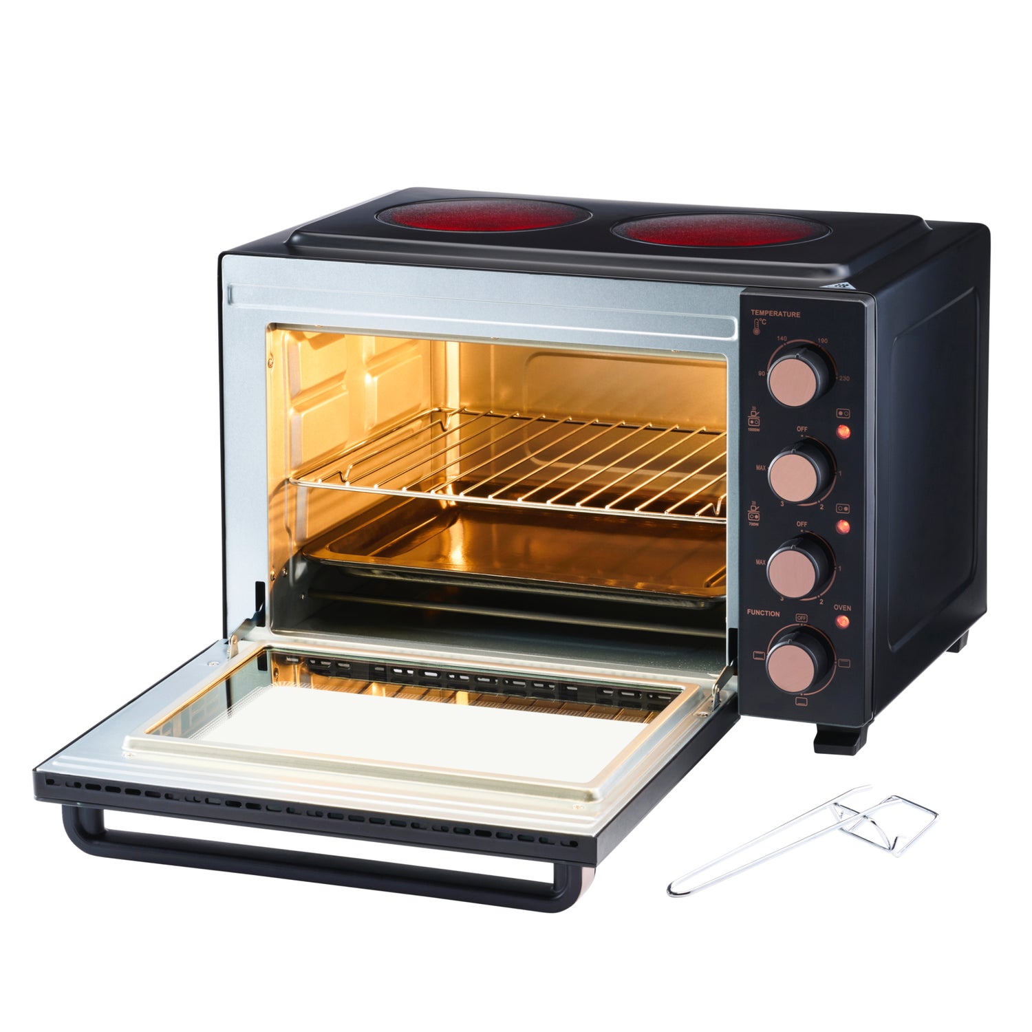 Cooks Professional 34L Mini Oven with 2 Ceramic Hobs | Black / Copper