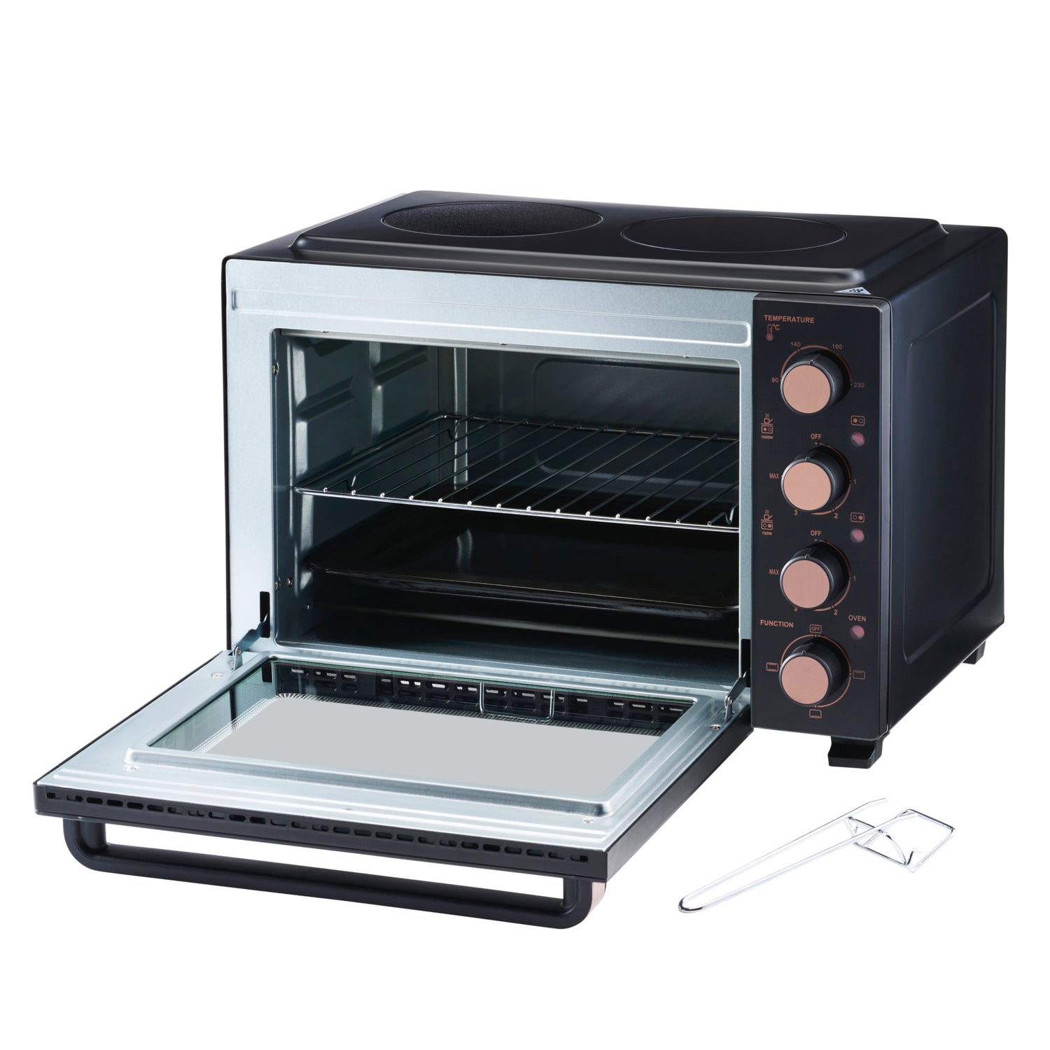 Cooks Professional 34L Mini Oven with 2 Ceramic Hobs | Black / Copper