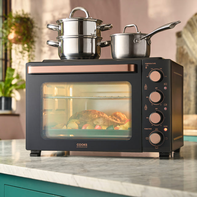 Cooks Professional 34L Mini Oven with 2 Ceramic Hobs | Black / Copper