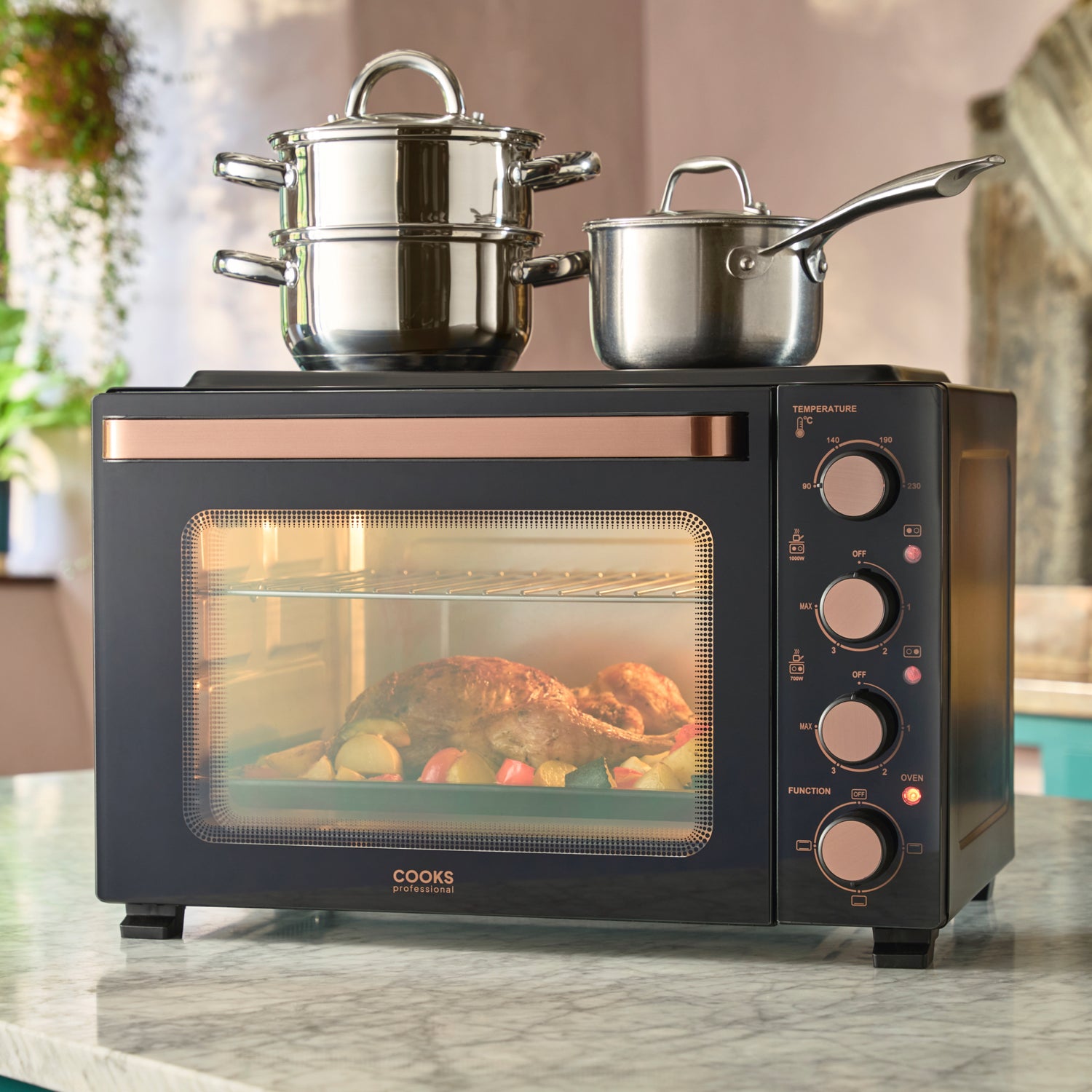 Cooks Professional 34L Mini Oven with 2 Ceramic Hobs | Black / Copper