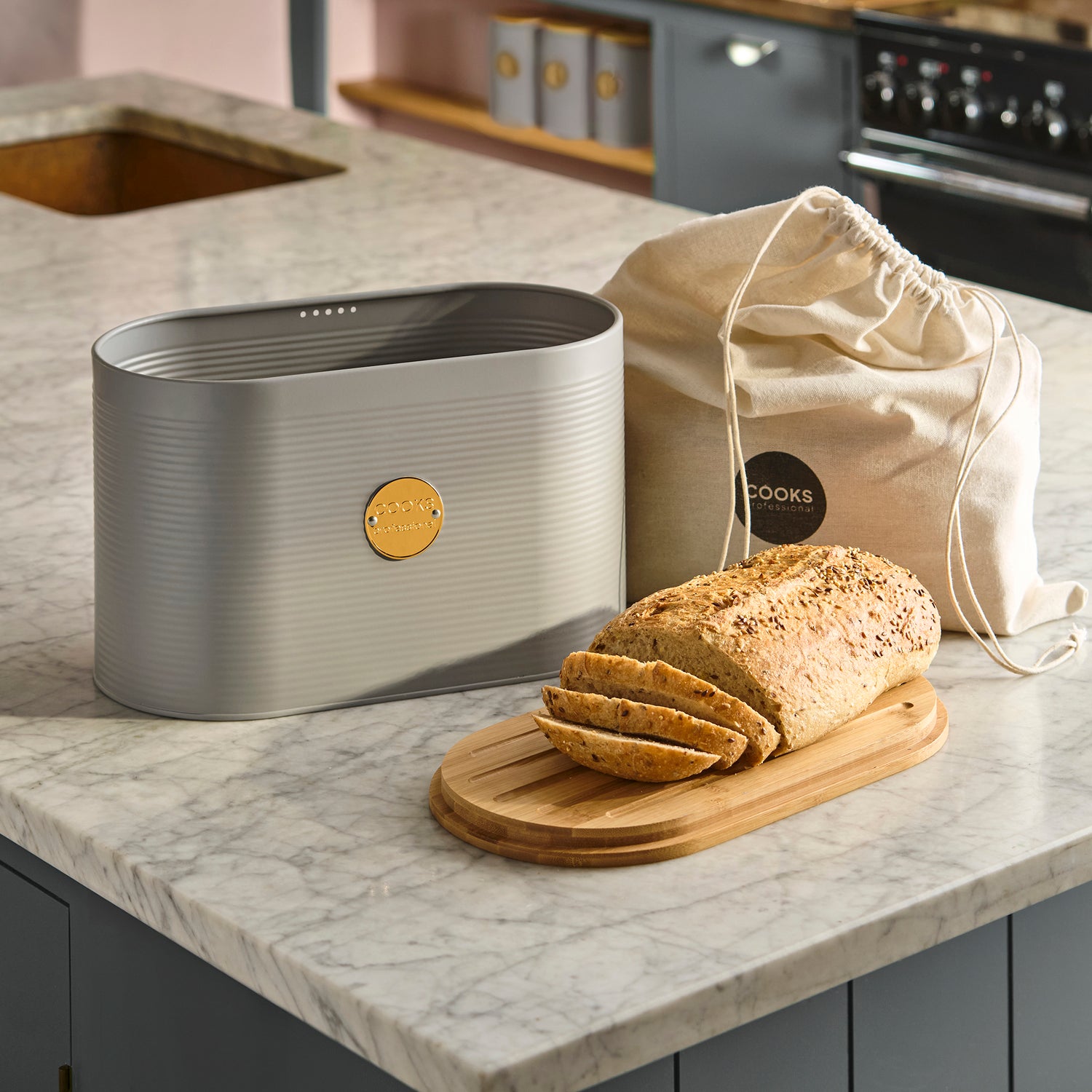 Cooks Professional Bread Bin, Linen Bag and Bamboo Board Set | Grey / Gold