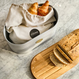 Cooks Professional Bread Bin, Linen Bag and Bamboo Board Set | Grey / Gold