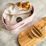 Cooks Professional Bread Bin, Linen Bag and Bamboo Board Set | Pink / Silver