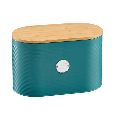 Cooks Professional Bread Bin, Linen Bag and Bamboo Board Set | Teal / Silver