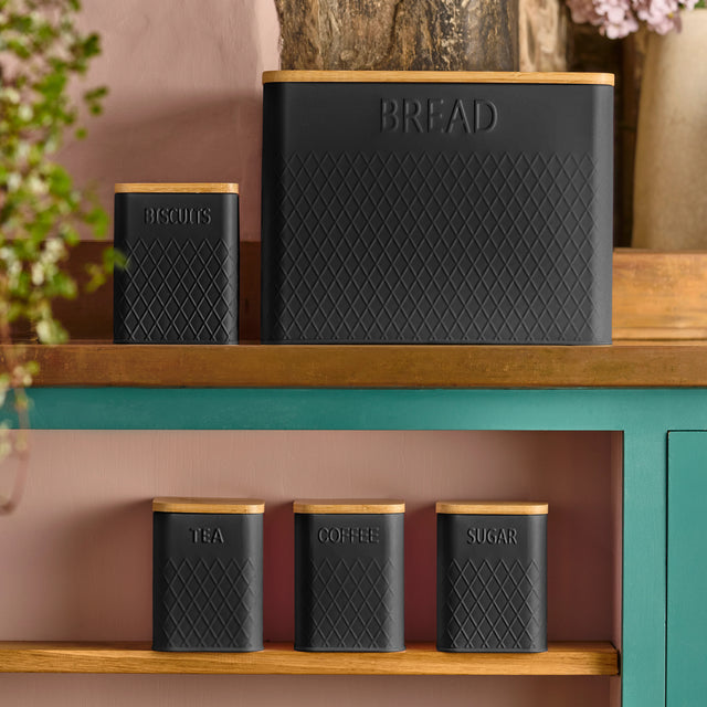 Cooks Professional 5 Piece Square Kitchen Storage Set with Bamboo Lids | Black