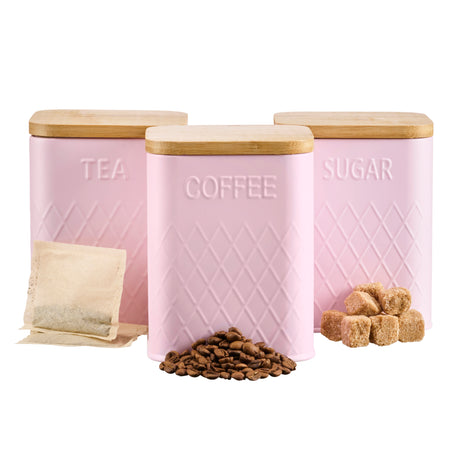 Cooks Professional 3 Piece Square Kitchen Storage Set with Bamboo Lids | Pink