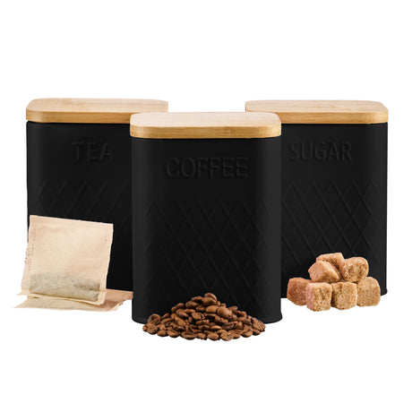 Cooks Professional 3 Piece Embossed Kitchen Storage Set with Bamboo Lids | Black