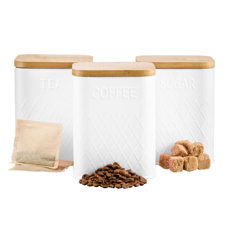 Cooks Professional 3 Piece Embossed Kitchen Storage Set with Bamboo Lids | White