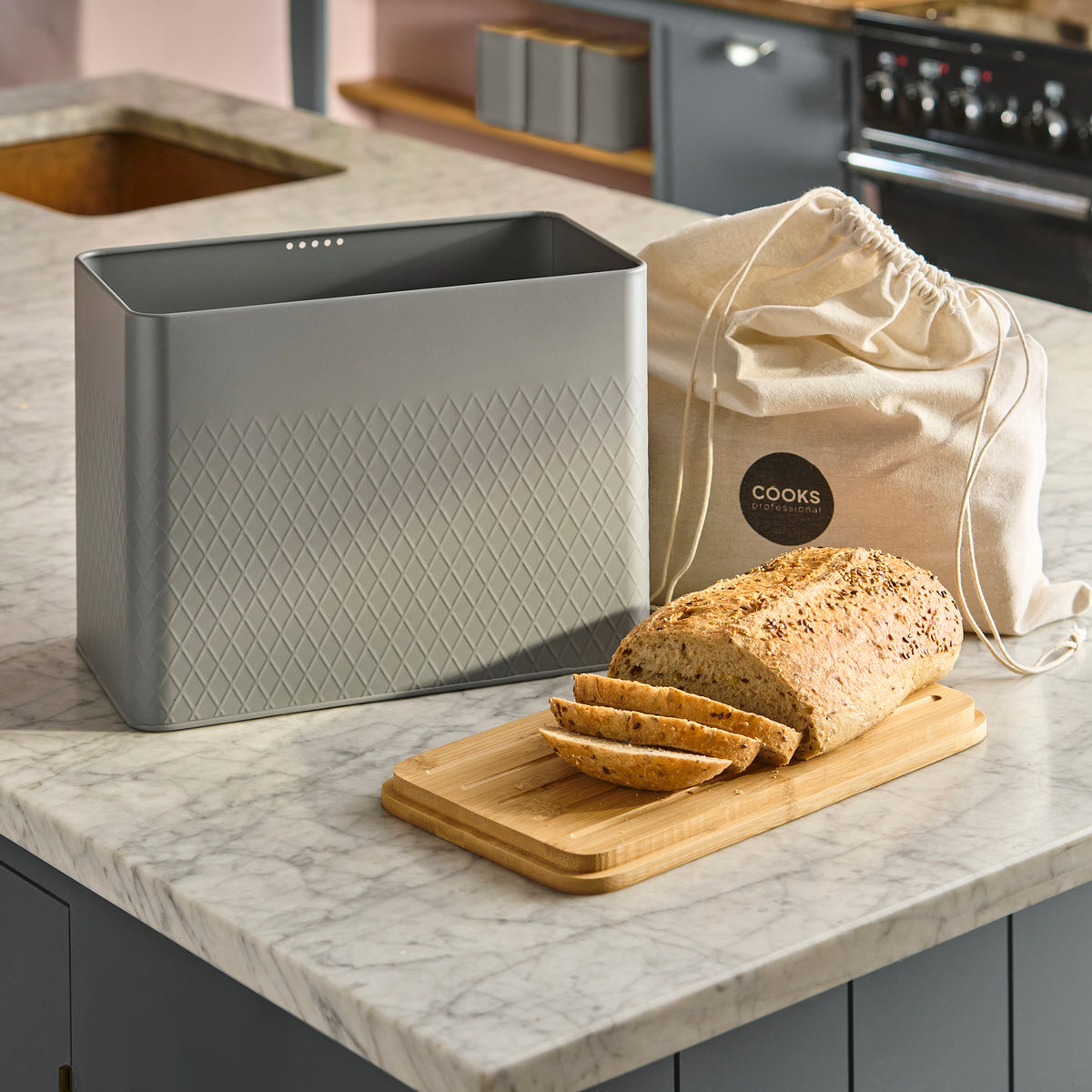 Cooks Professional Embossed Bread Bin, Linen Bag and Bamboo Board Set ...