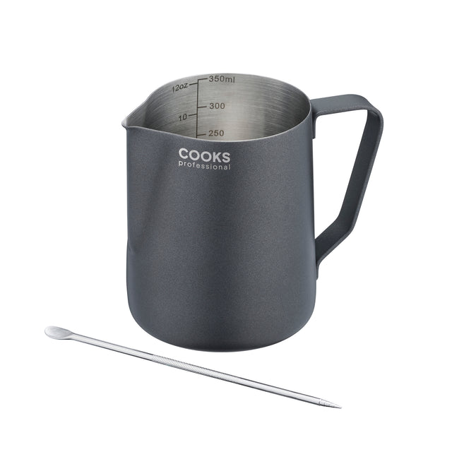 Cooks Professional Stainless Steel 350ml Milk Steaming Jug | Black | Latte Art Pen Included