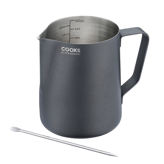 Cooks Professional Stainless Steel 600ml Milk Steaming Jug | Black | Latte Art Pen Included