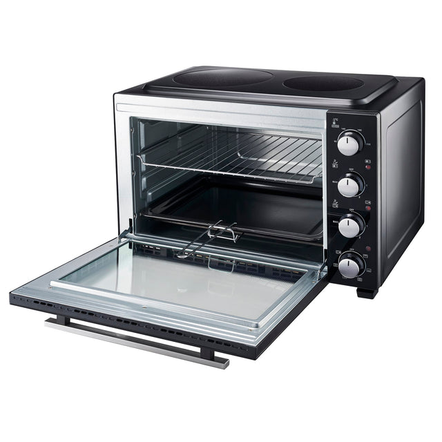 Cooks Professional Mini Oven | 48 Litre with 2 Ceramic Hobs | 1800W Oven | 1000W and 1500W Ceramic Hobs | Black/Silver